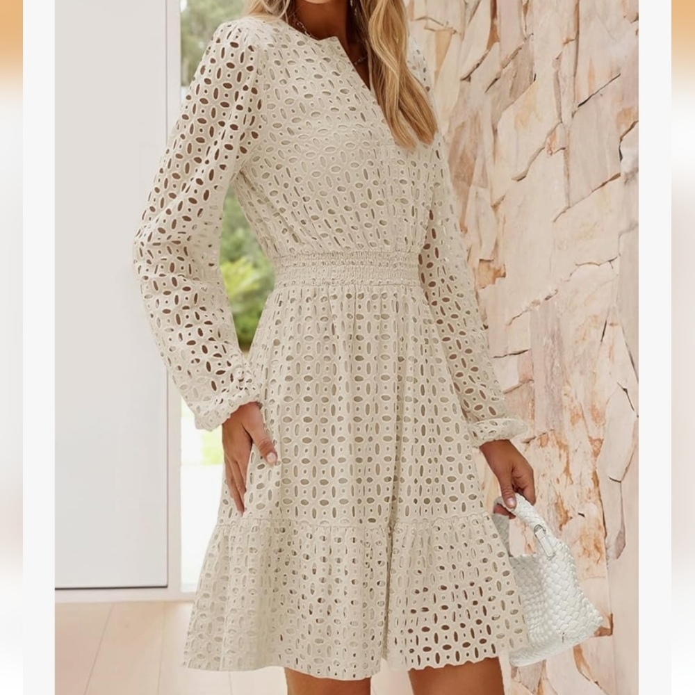 Womens Dress Large Beige Eyelet Soft Girl Clean Girl Cottage Core NWT